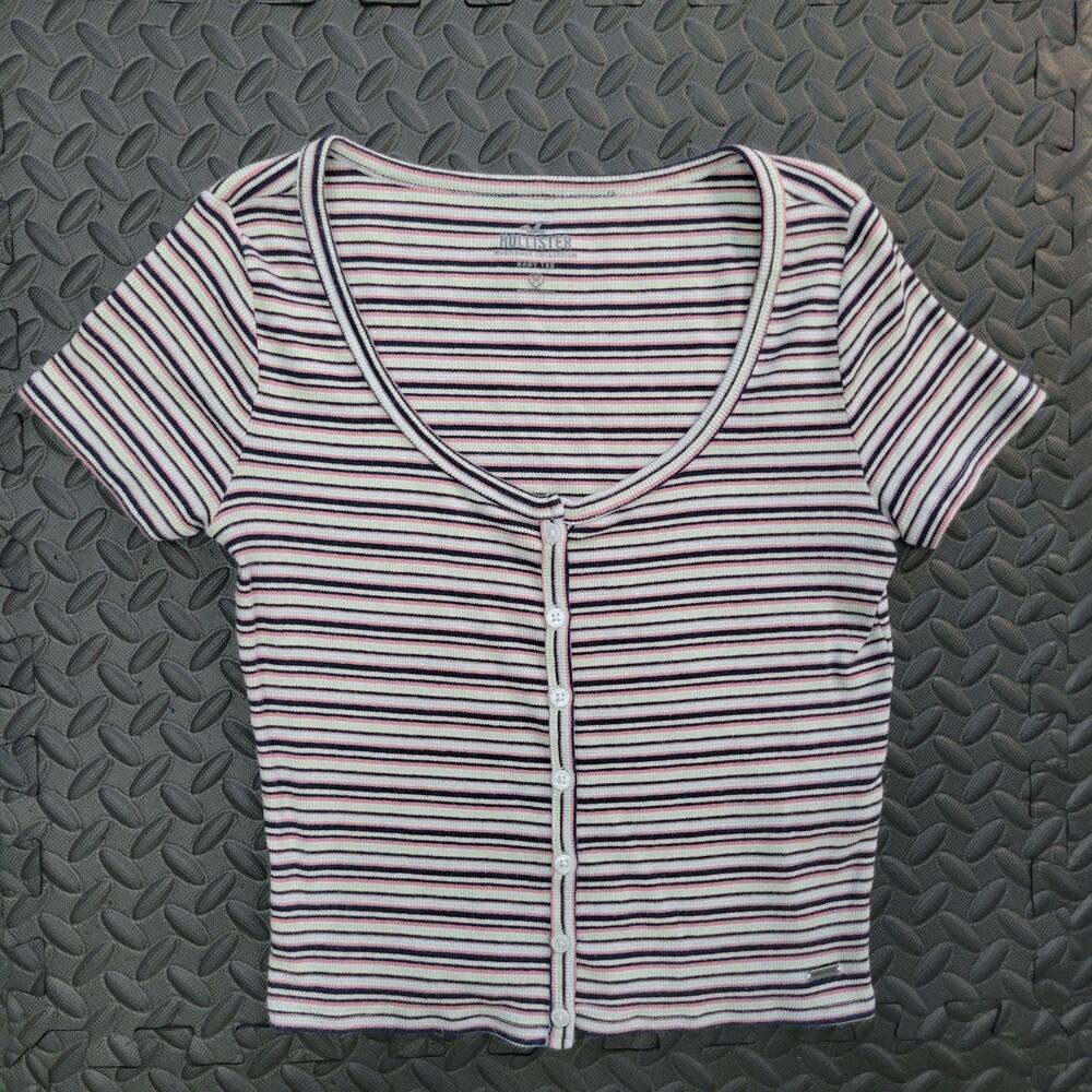 Hollister Ribbed Baby Tee Striped Button Front Top Y2K 90s Style Crop Top